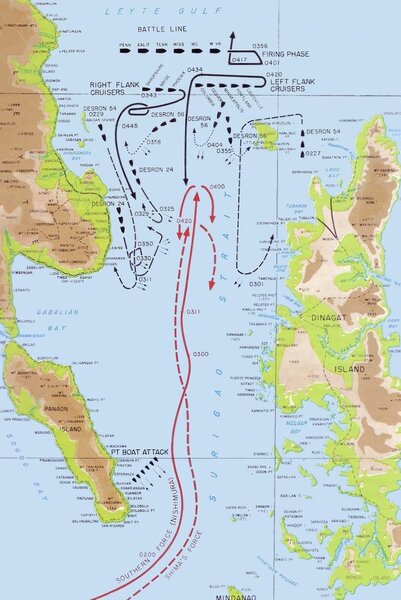 Карта битвы в проливе Суригао - Лейте-1944: закат японского флота | Военно-исторический портал Warspot.ru