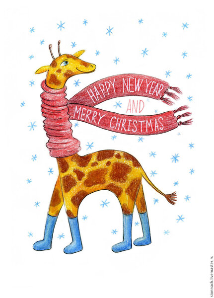 Новогодняя открытка с жирафом – купить на Ярмарке Мастеров – ASD5LRU |  Открытки, Воронеж