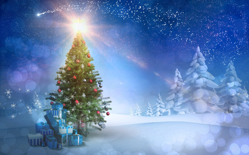Сверкающая новогодняя елка с подарками, качественные новогодние обои для  рабочего стола, картинки, фото 1920x1200