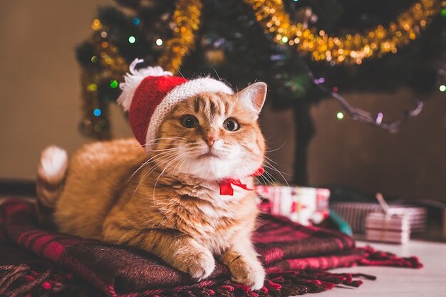 Рыжий кот носит шляпу санта-клауса под елку. рождество и новый год  концепция | Премиум Фото