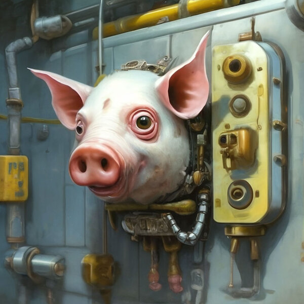 Свиной пятачок торчит из стены🐽,в пятачок(в нос свиньи) воткнута розетка»  — картинка создана в Шедевруме