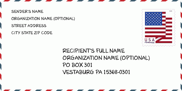 Адрес: PO BOX 301 (From 301 To 418) , VESTABURG, PA 15368-0301, USA |  Пенсильвания Соединенные Штаты Индекс 5 Plus 4 ✉️