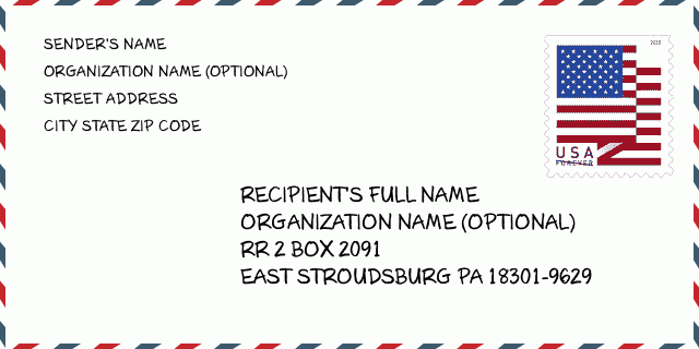 Адрес: 2091 (From 2091 To 2094) RR 2 , EAST STROUDSBURG, PA 18301-9629, USA  | Пенсильвания Соединенные Штаты Индекс 5 Plus 4 ✉️