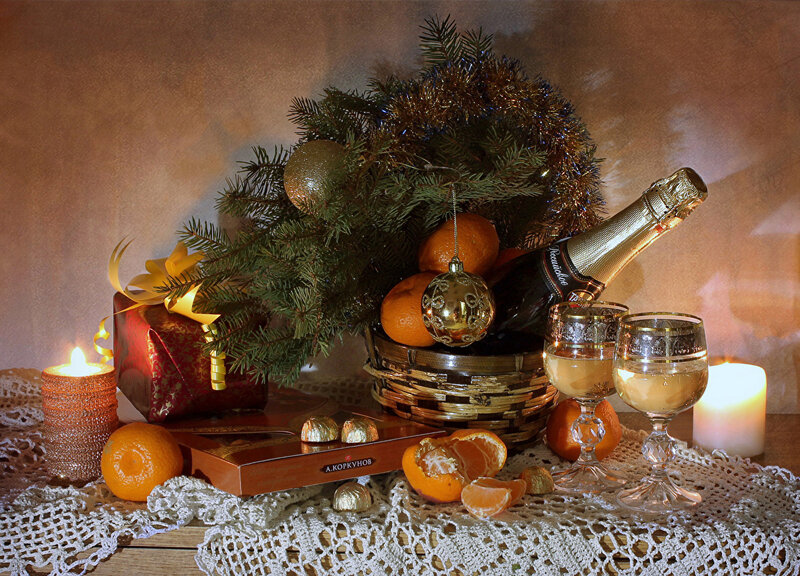 Desktop Wallpapers Christmas Candy Mandarine Sparkling wine Gifts