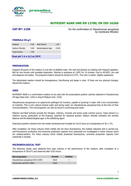 NUTRIENT AGAR UNE-EN 12780, EN ISO 16266 CAT Nº: 1156 Pseudomonas aeruginosa