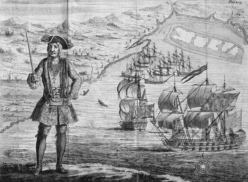 General History of the Pyrates - Captain Bartholomew Roberts with two Ships.jpg