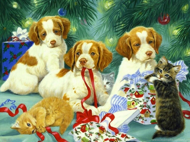 Dogs: Puppies Kittens Xmas New Year Paintings Christmas Cats Dogs ...  Desktop Background