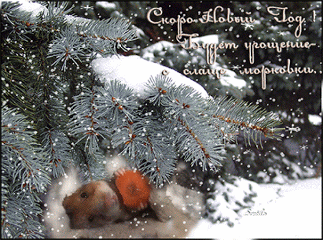 Гиф анимация Веселый хомяк лежит под снежной елкой и ест морковку (Скоро Новый  Год! Будет угощение - слаще морковки) , автор Svetilo