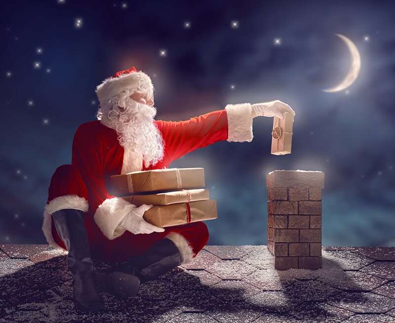 Картинка Новый год Крыша Дед Мороз Луна Подарки в ночи Полумесяц