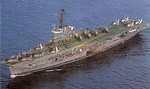 INS Vikrant circa 1984 carrying a unique complement of Sea Harriers, Sea Hawks, Allouette & Sea King helicopters and Alize ASW.jpg
