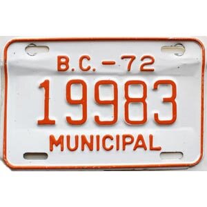 1972 British Columbia Municipal License Plate For Sale #19983